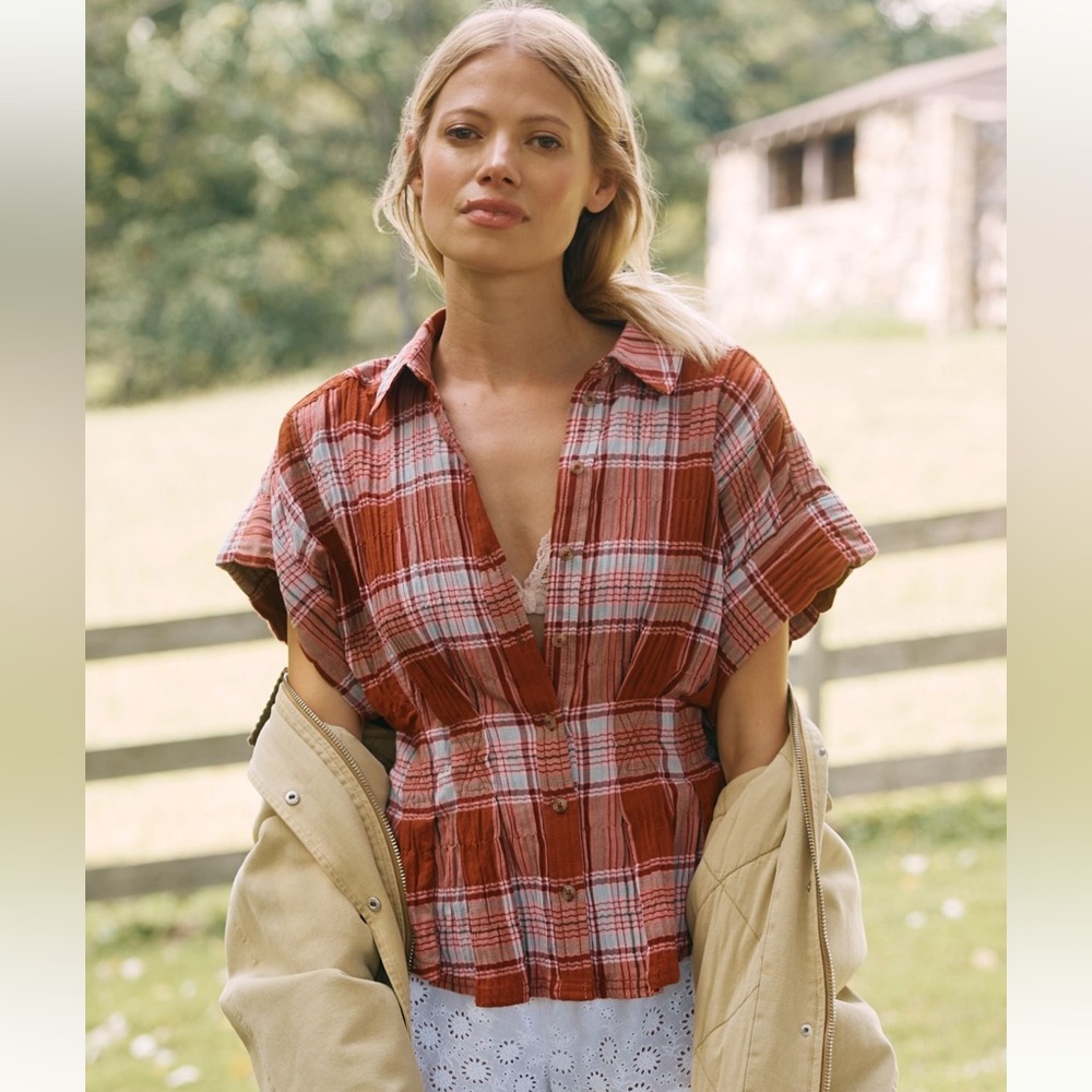 ANTHROPOLOGIE-Pilcro The Bobbie Short-Sleeve Fitted Waist Plaid BlouseXXS Petite - Picture 2 of 7
